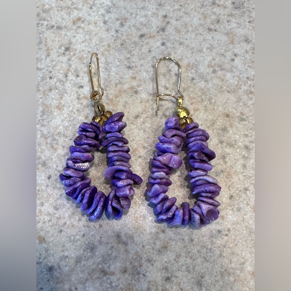 Amethyst shell drop earrings with gold ear wires
